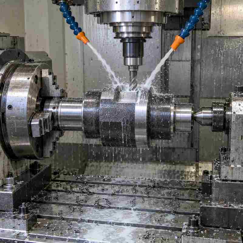 Steel component being machined on a four-axis CNC machining center